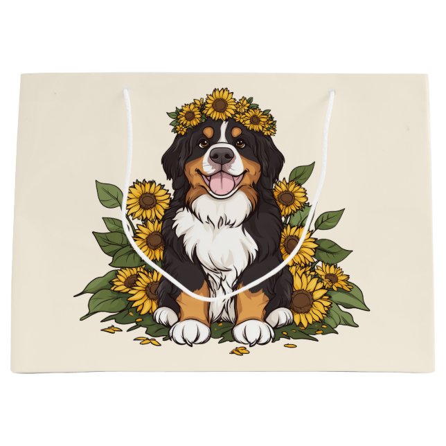 Grand Sac Cadeau Cute Bernese Mountain Dog Wearing Sunflower Crown (Devant)