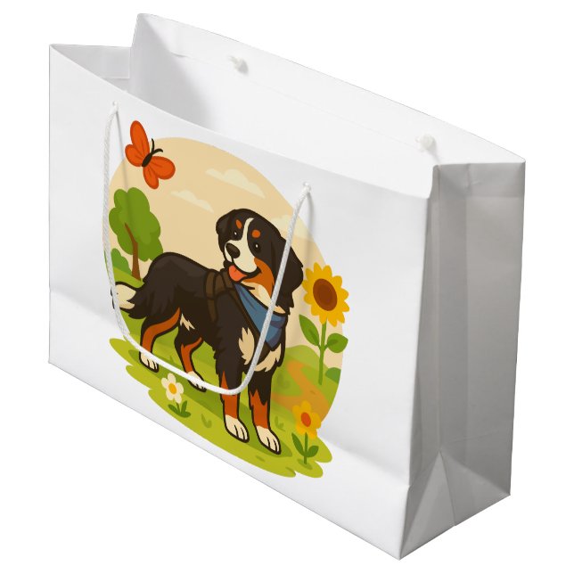 Grand Sac Cadeau Cute Bernese Mountain Dog with Sunflower & Butterf (Devant Angle)