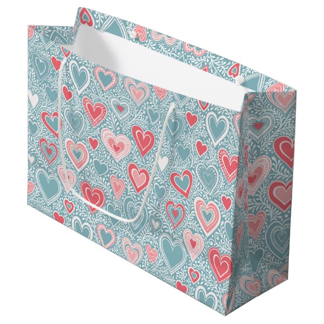 Grand Sac Cadeau Cute Folk Floral Coeur Dusty Baby shower bleu rose (Devant Angle)