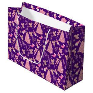 Grand Sac Cadeau Cute Girl Gold Indigo Pink Christmas Tree Motif