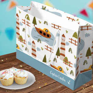 Grand Sac Cadeau Cute Nautical Lighthouse and Boat Kid Motif