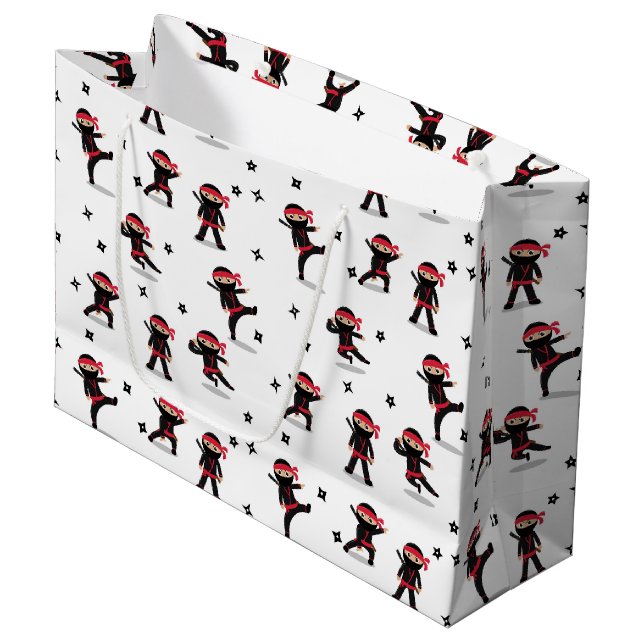 Grand Sac Cadeau Cute Ninja Guerrier Enfants Noir & Rouge Motif (Devant Angle)