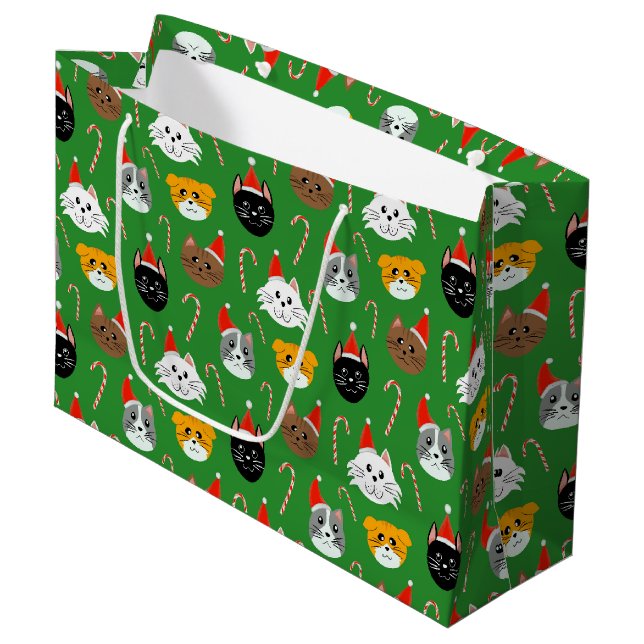 Grand Sac Cadeau Cute Noël Chat Motif (Devant Angle)