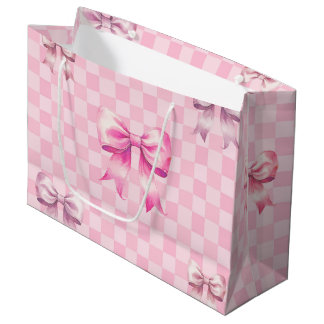 Grand Sac Cadeau Cute Pink Ribbon and Gingham Sweet Girly Pattern