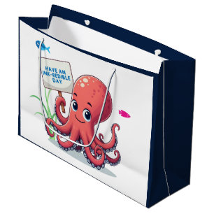 Grand Sac Cadeau Cute, poulpe caricaturale avec poisson