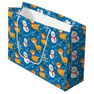 Grand Sac Cadeau Cute Reindeer et Snowman Blue