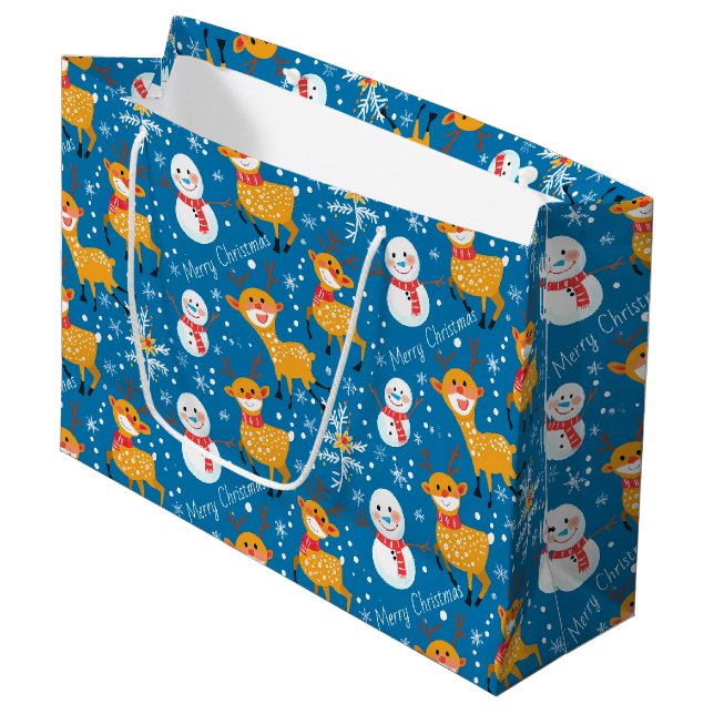 Grand Sac Cadeau Cute Reindeer et Snowman Blue (Devant Angle)