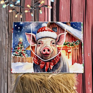 Grand Sac Cadeau Cute rustique Cochon de Noël et Grange