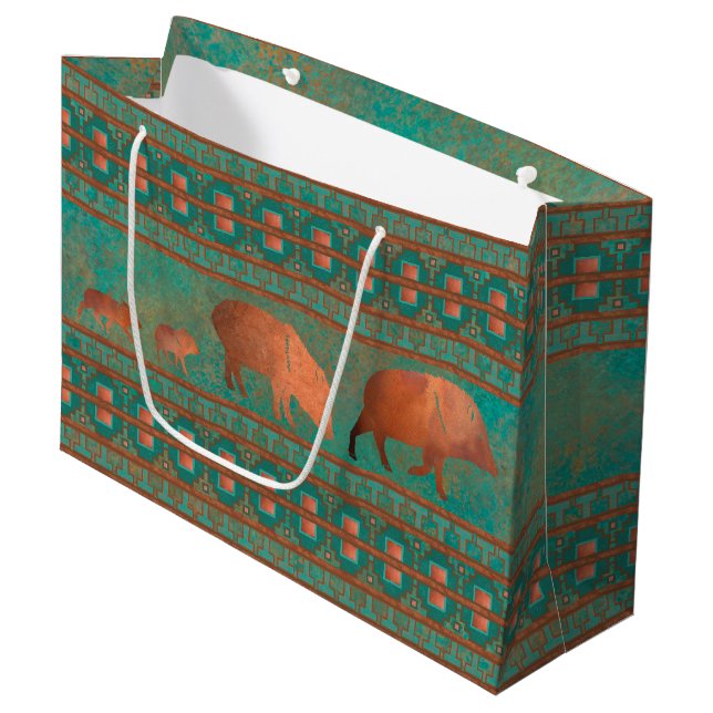 Grand Sac Cadeau Cute sud-ouest Javelina Famille Cuivre Turquoise (Devant Angle)