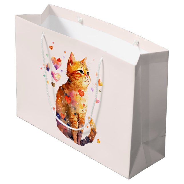 Grand Sac Cadeau Cute Tabby Chat avec Coeurs (Dos Angle)