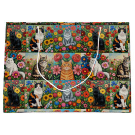 Grand Sac Cadeau Cute Whimsical Cats and Folk Art Flowers