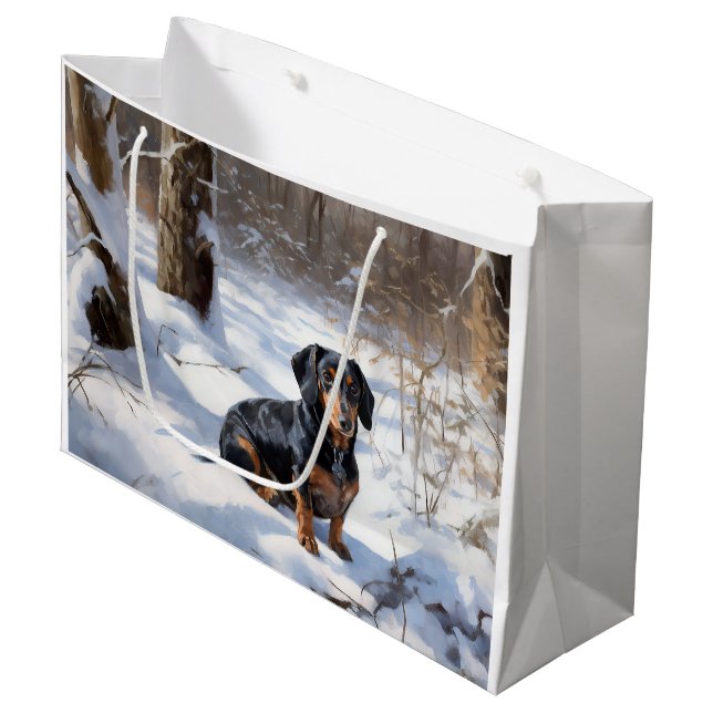 Grand Sac Cadeau Dachshund Qu'Il Neige Noël (Devant Angle)