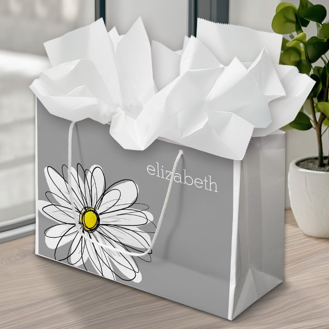 Grand Sac Cadeau Daisy floral tendance avec nom personnalisé gris j (Custom Personalized Gift Bag)