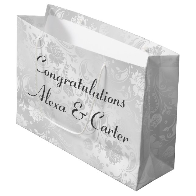 Grand Sac Cadeau Damas en Satin Blanc mariage Avec Noms (Devant Angle)