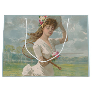 Grand Sac Cadeau Dame de tennis victorienne avec chapeau à fleurs A