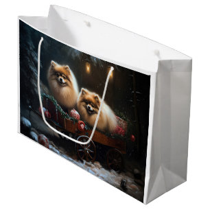Grand Sac Cadeau Décor de Noël Poméranien Snowy Sleigh