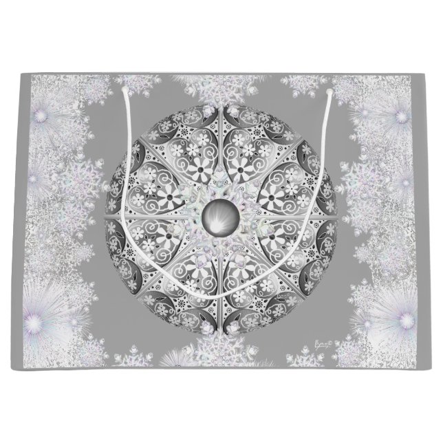 Grand Sac Cadeau Dentelle en céramique grise et flocon de neige (Devant)