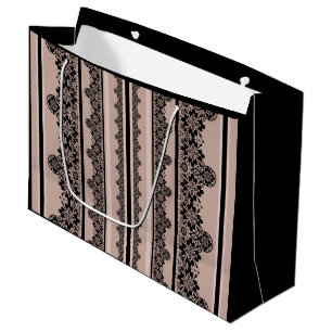 Grand Sac Cadeau Dentelle noire, ajourée, arrière - plan marron, be
