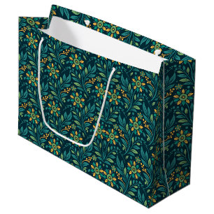 Grand Sac Cadeau Design floral élégant jaune et sarcelle