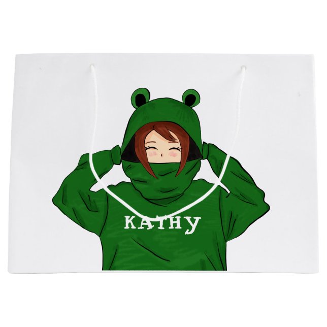 Grand Sac Cadeau Dessin de la fille avec grenouille verte (Devant)