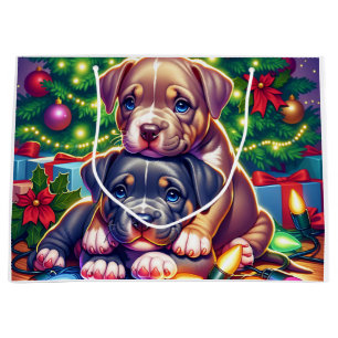Grand Sac Cadeau Deux mignons chiots qui jouent sous l'arbre de Noë