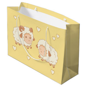 Grand Sac Cadeau Deux mignons petits moutons Motif sur Jaune
