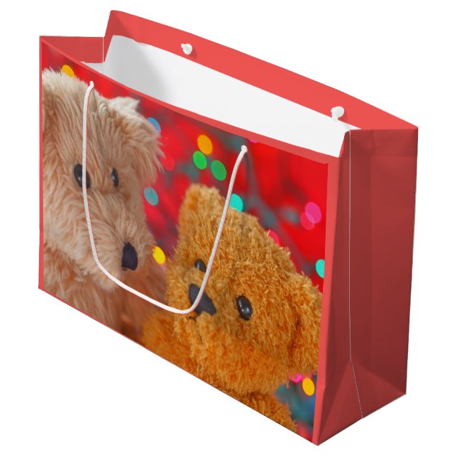 Grand Sac Cadeau Deux nounours avec lumières de Noël (Devant Angle)