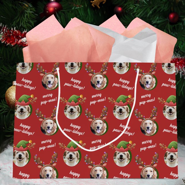 Grand Sac Cadeau Deux rennes photo de chien Antler Joyeux Noël Roug (Créateur téléchargé)