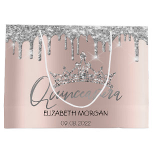 Grand Sac Cadeau Diadème Rose Gold Glitter Silver Drips Quinceañera
