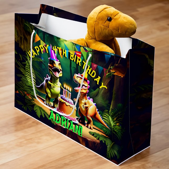 Grand Sac Cadeau Dino quatre dinosaures heureux anniversaire (Dino four dinosaur happy birthday large gift bag personalized dinosaur gift bag dinosaur party gifts)