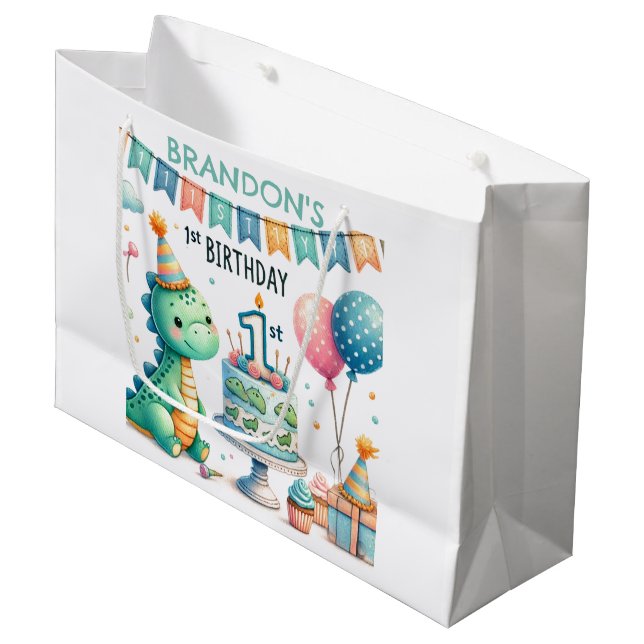 Grand Sac Cadeau Dinosaur Dino 1ère fête d'anniversaire (Devant Angle)