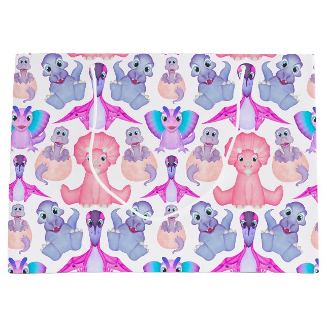 Grand Sac Cadeau Dinosaure Aquarelle rose Baby shower d'anniversair (Devant)