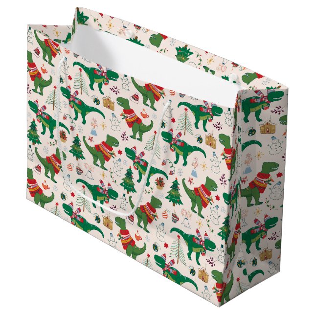 Grand Sac Cadeau Dinosaures dans Sweaters Motif de Noël (Devant Angle)