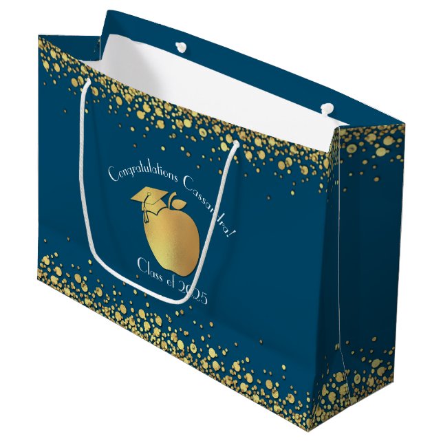 Grand Sac Cadeau Diplôme d'enseignement Bleu Or (Devant Angle)