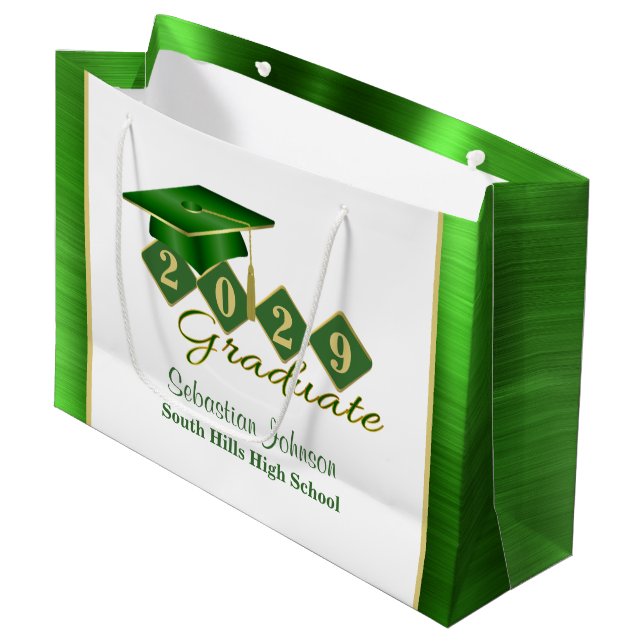 Grand Sac Cadeau Diplôme personnalisé Vert et Or (Devant Angle)