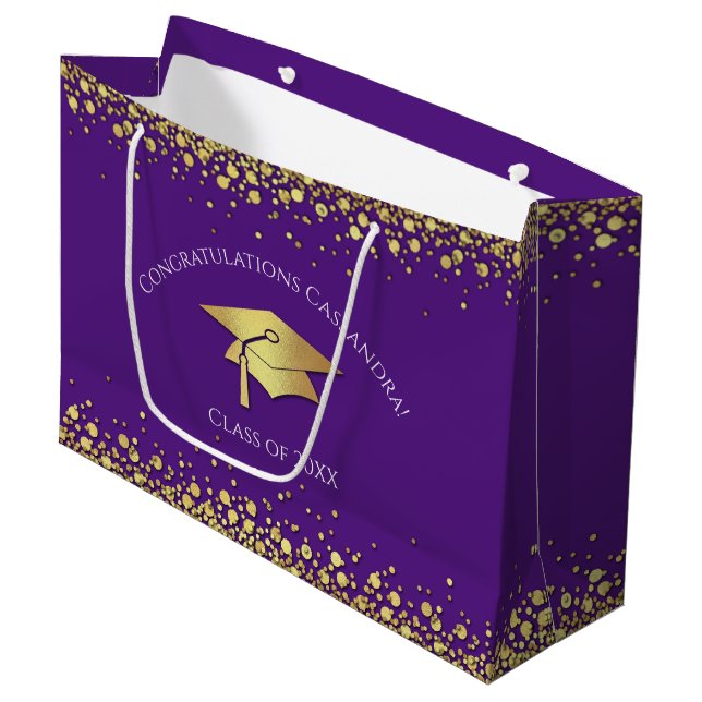 Grand Sac Cadeau Diplômé Violet et Or (Devant Angle)