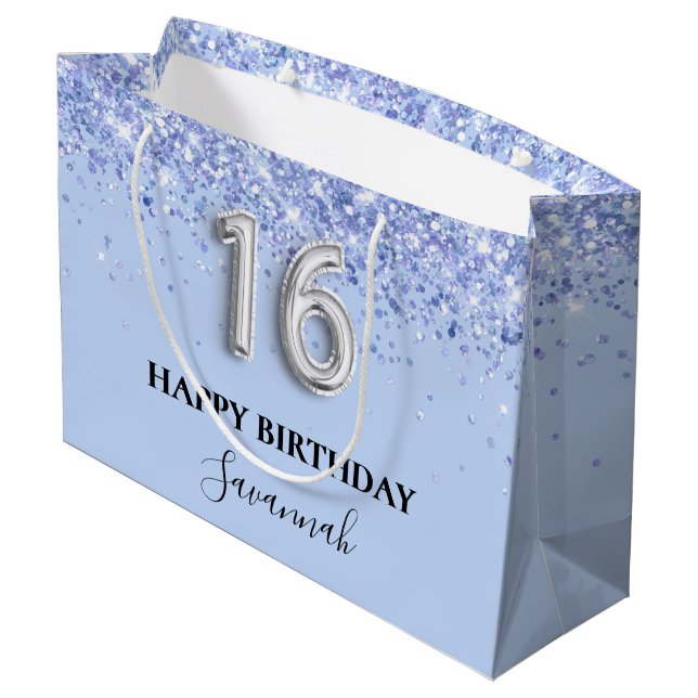 Grand Sac Cadeau Doux 16 bébé bleu parties scintillant anniversaire (Dos Angle)
