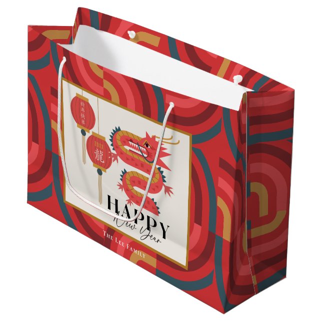 Grand Sac Cadeau Dragon 2024 Nouvel An Chinois Rouge (Devant Angle)