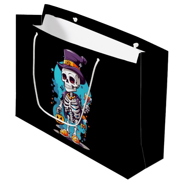 Grand Sac Cadeau Drôle Halloween Squelette portant Top Hat (Devant Angle)
