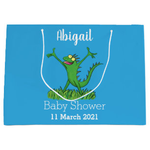 Grand Sac Cadeau Drôle vert souriant animé lézard d'iguane