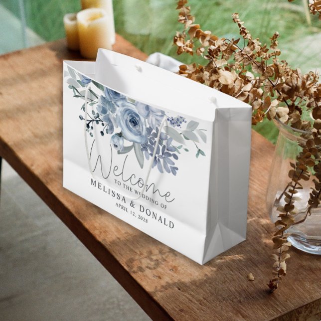 Grand Sac Cadeau Dusty Blue Roses Fleurs Boho Mariage de bienvenue (Créateur téléchargé)