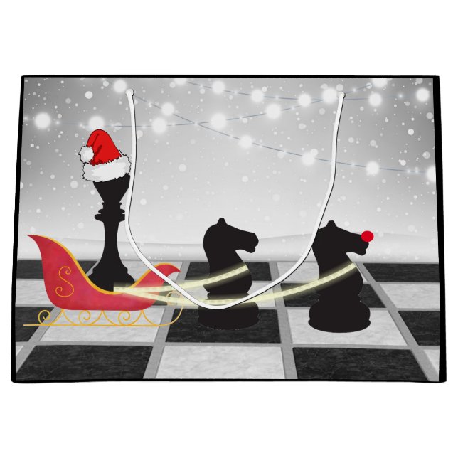Grand Sac Cadeau Échecs Père Noël et rennes Noël (Devant)