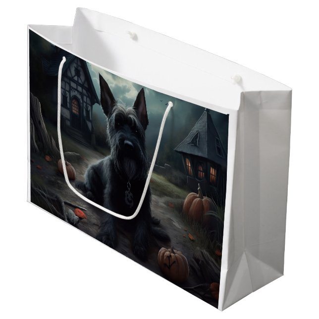 Grand Sac Cadeau Ecosse Terrier Citrouille Halloween effrayant (Devant Angle)