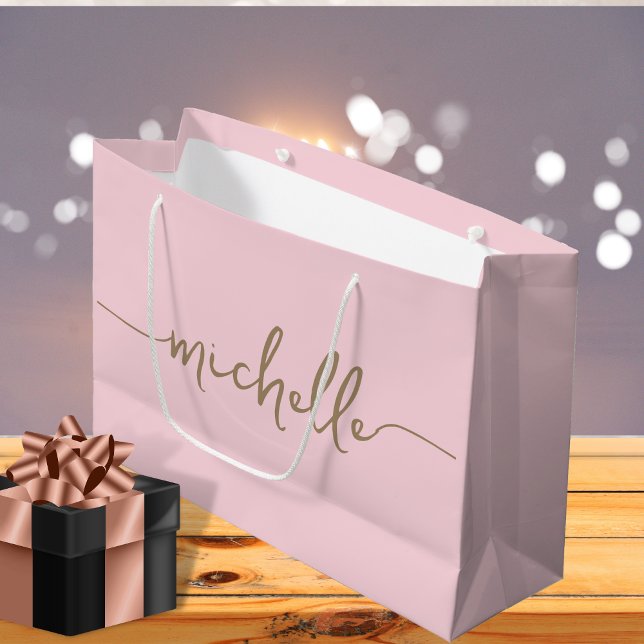 Grand Sac Cadeau Écriture de nom de monogramme doré élégant rose bl (Créateur téléchargé)
