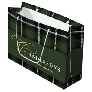 Grand Sac Cadeau Ecriture or vert plaid tartan rustique Noël
