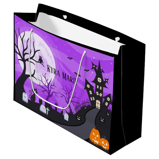 Grand Sac Cadeau éffrayant Halloween scène ajouter nom (Devant Angle)