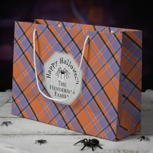 Grand Sac Cadeau Éffrayant Orange violet noir Plaid Spider Hallowee