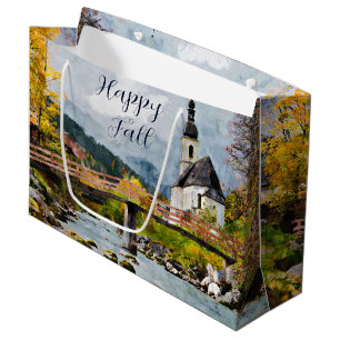 Grand Sac Cadeau Église d'automne et arbres avec texte personnalisa