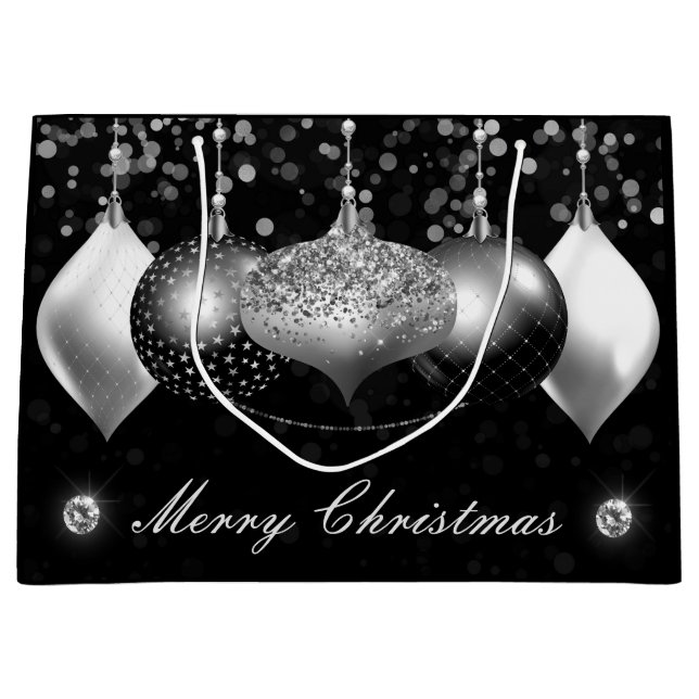 Grand Sac Cadeau Élégant Baubles Noir et Argent Joyeux Noël (Devant)