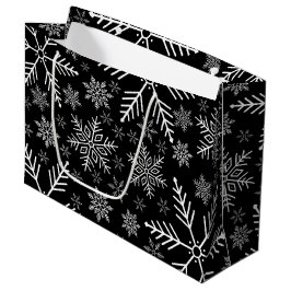 Grand Sac Cadeau Elégant Black Aqua White Winter Snowflake